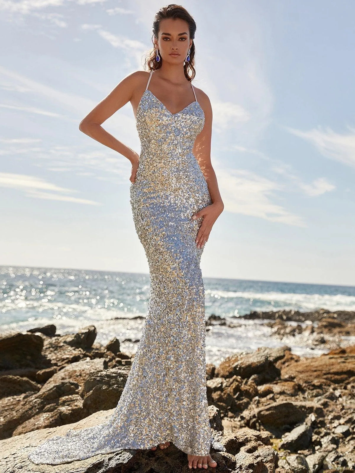 Lace Up Backless Sequin Mermaid Hem Prom Dress - Elonnashop