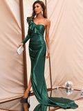 Elegantes One-Shoulder-Partykleid aus Satin mit Rüschenbesatz