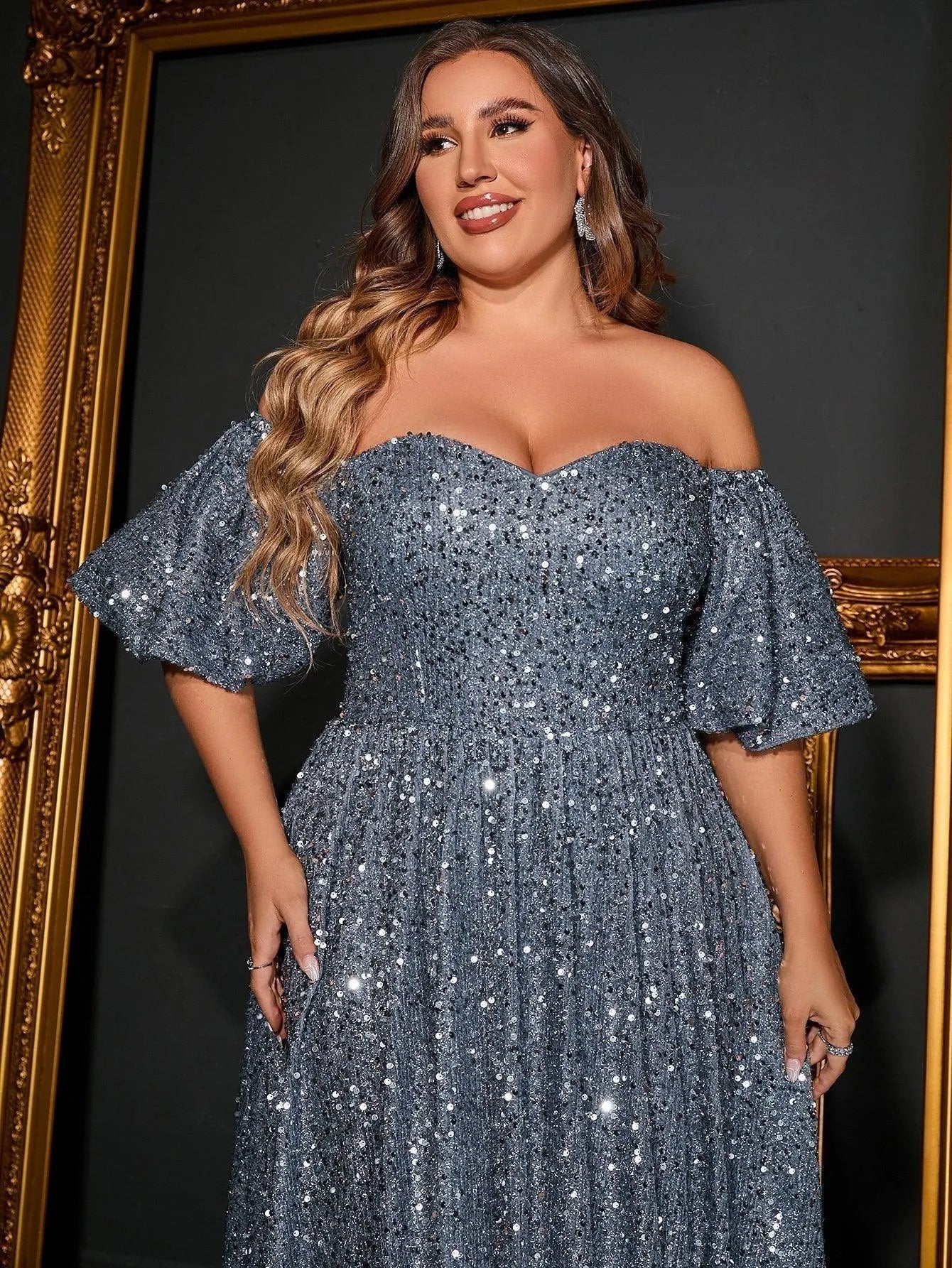 Plus Off Shoulder Puff Sleeves Sequin A Line Dress - Elonnashop