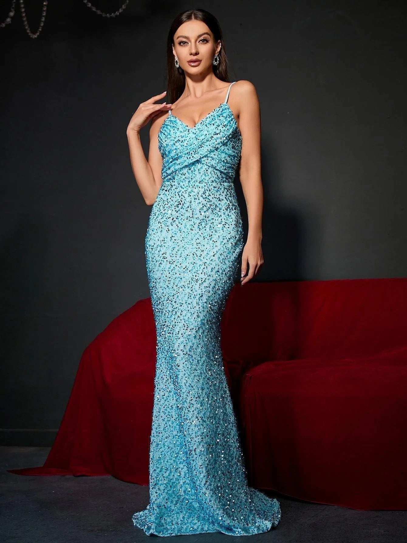 Elegant Spaghetti Strap Sleeveless Sequin Formal Dress - Elonnashop