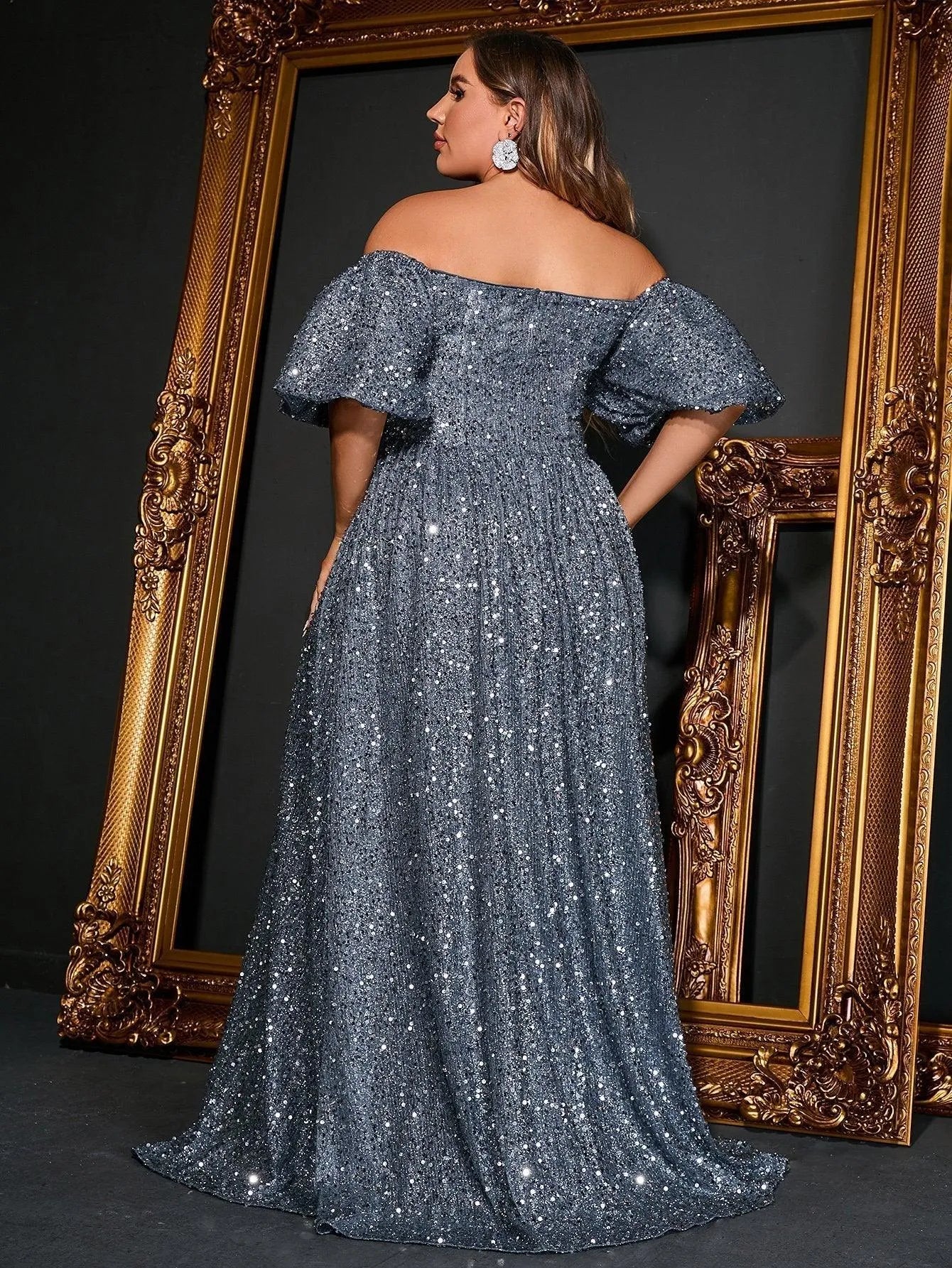 Plus Off Shoulder Puff Sleeves Sequin A Line Dress - Elonnashop